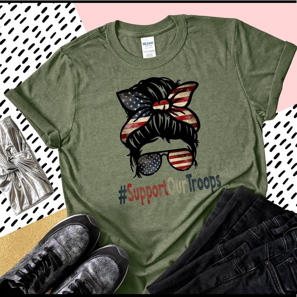 #SupportOurTroops messy bun graphic tee